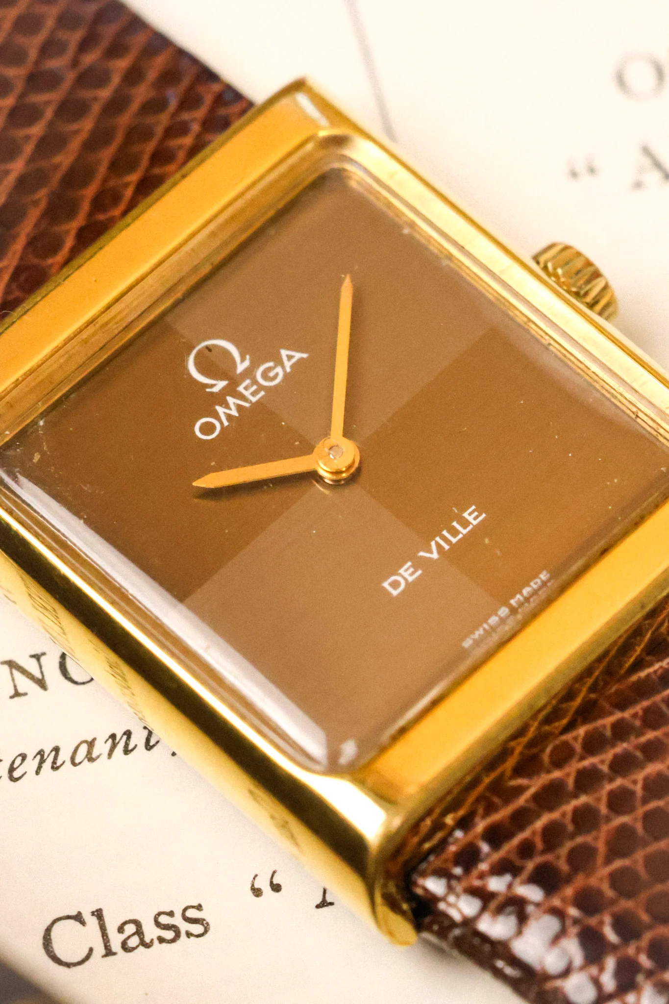 1970s Omega De Ville Gold Plated Chocolate Quadrant Tank - Image 3