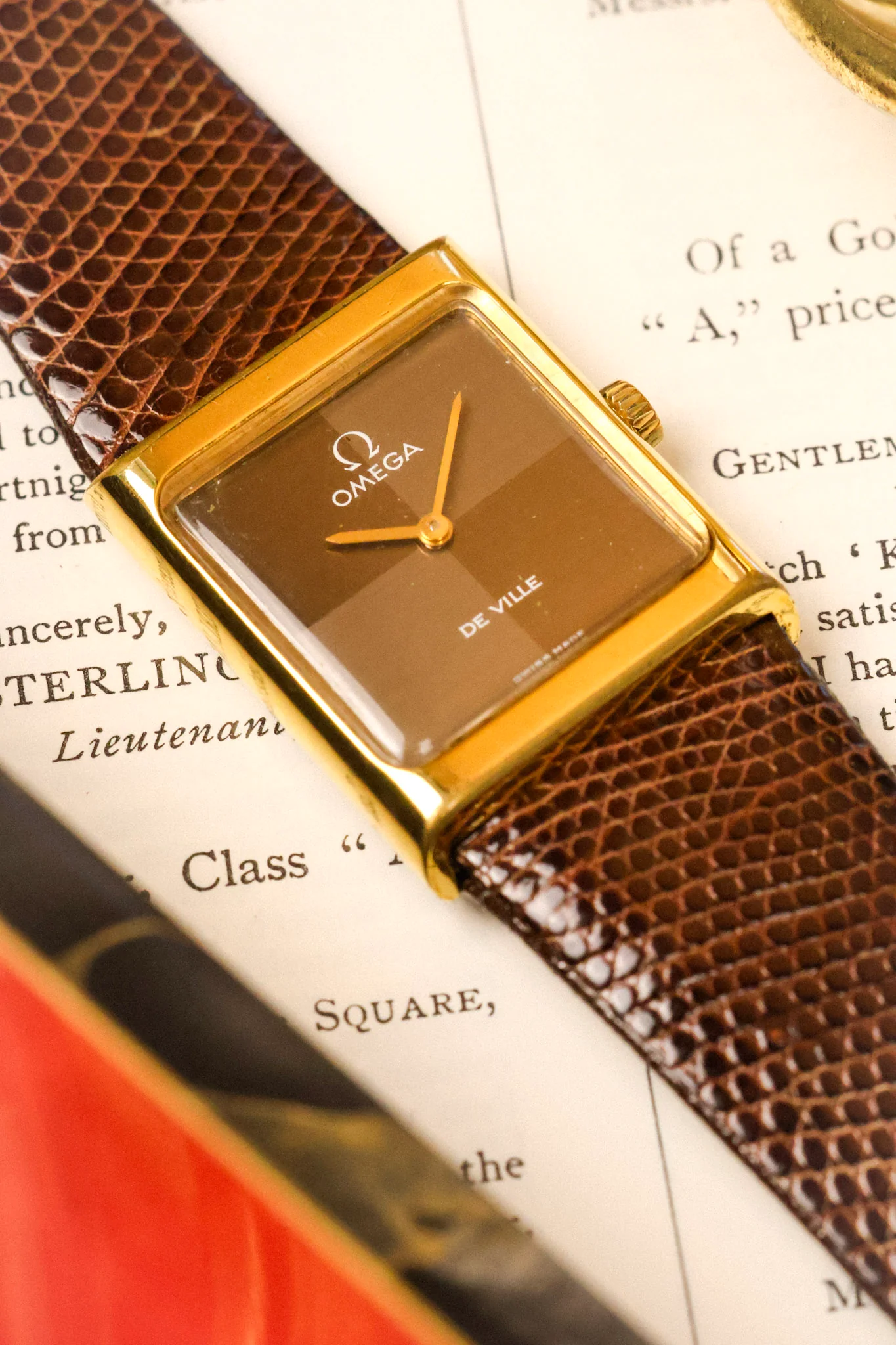 1970s Omega De Ville Gold Plated Chocolate Quadrant Tank - Image 4