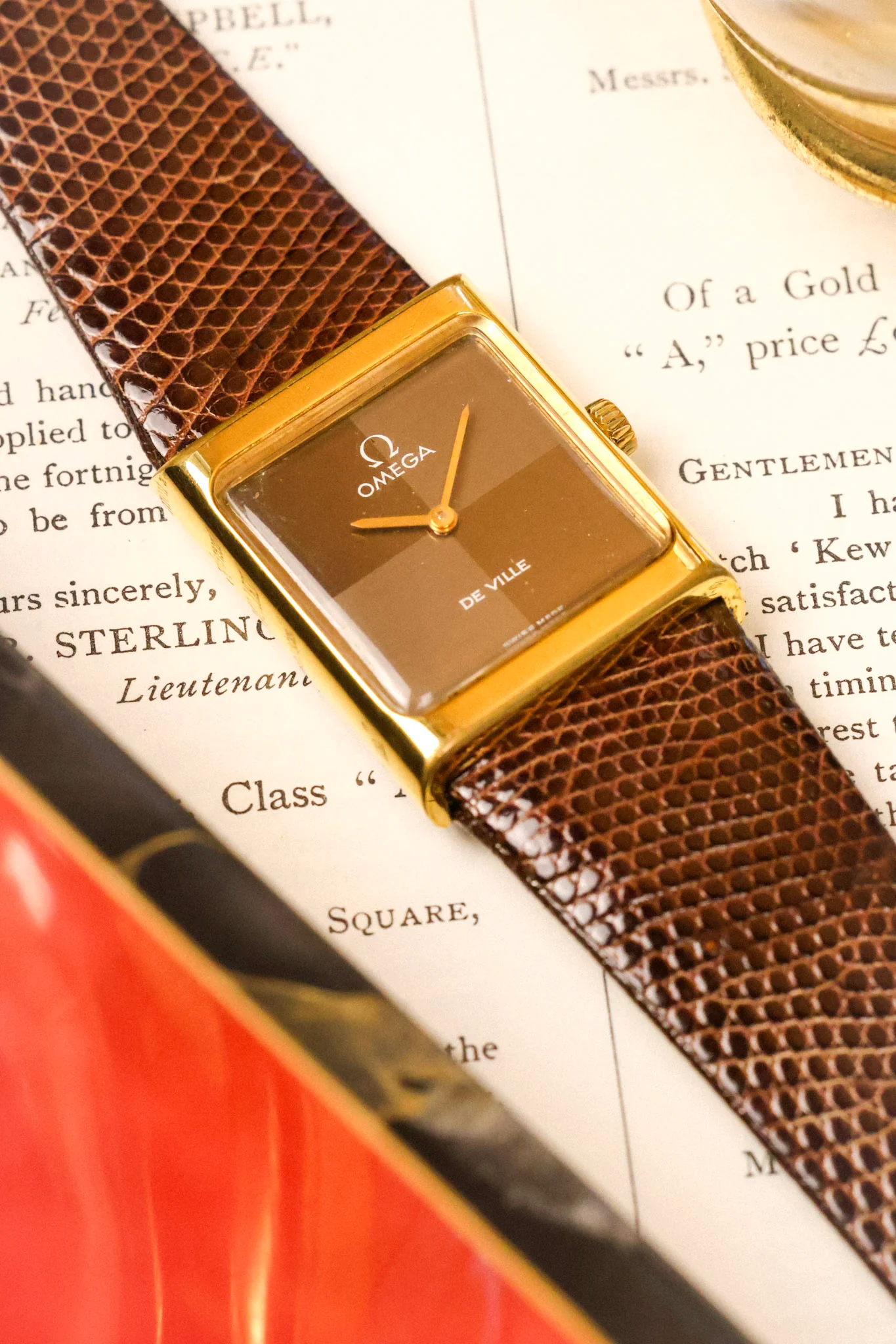 1970s Omega De Ville Gold Plated Chocolate Quadrant Tank - Image 5